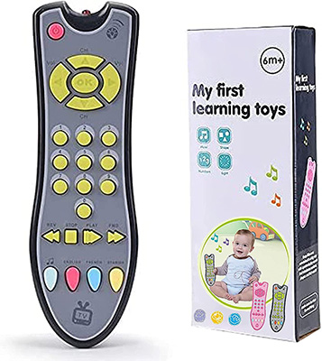 TV Remote Control Toy/Musical Play with Light and Sound/for 6 Months+ Toddlers Boys or Girls Preschool Education/Three Language Modes: English, French and Spanish/Black Body,(Colored Buttons)